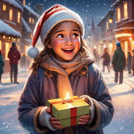 (a poor homeless young girl happily crying while receiving a gift from Santa Claus),kind-hearted people,snowy winter scene,city lights,snowflakes,flickering candlelight,warm colors,soft and gentle lighting,emotional moment,detailed facial expressions,clean and clear details,realistic style,,high resolution,professional-grade artwork,joyful and heartwarming atmosphere,magic and wonder,hopeful and touching,masterpiece:1.2