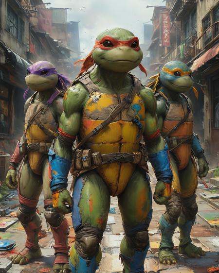 Interloper, photorealistic, sublime cool off rainbow colorsï¼ no watermark, washed out colors, super wide angle, super detailed, sharp focus, hq artwork, (hyper detailed:1.1) ayami kojima, mix of ninja turtles from ghibli and genshin impact and Marvel  justice cartoon, asymmetrical, deep  <lora:add-detail-xl:0.75>  <lora:xl_more_art-full_v1:0.5>