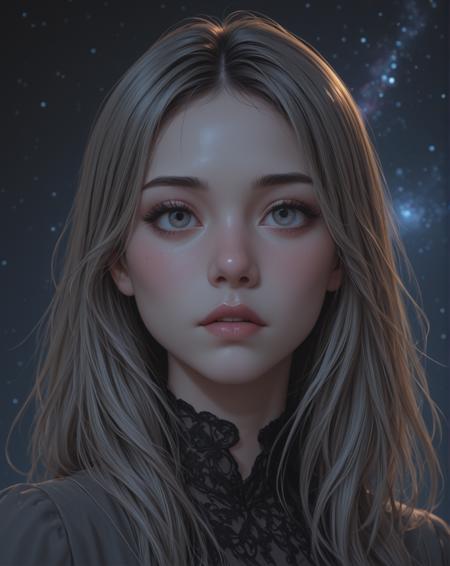 Upper body photo. (female gray girl humanoid alien moving through a field towards the camera. Midnight. Moonlight:1.2). UFO in the sky above. Milky Way galaxy. Alien Invasion. Photorealistic, Natural atmospheric lighting, intricate details, 35mm photograph, film, professional, 4k visuals, highly detailed, elegant, studio quality.