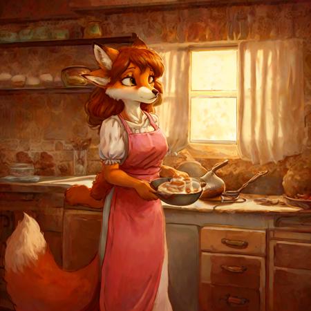 A beautiful anthropomorphic fox woman with soft orange and white fur stands in a sunny kitchen. She has a slender vulpine muzzle, large pointed ears, and a fluffy tail. She wears a pink apron over a white blouse and long flowing skirt. In her paws she holds a mixing bowl, gazing down with concentration as she stirs cake batter with a wooden spoon. Her bushy tail sways gently behind her as sunshine from the window lights up her fur. The kitchen counters are cluttered with mixing bowls, measuring cups, and baking ingredients. The sweet aroma of vanilla and cinnamon fills the warm, cozy kitchen. This is just an ordinary moment of the fox lady contentedly baking in her home.