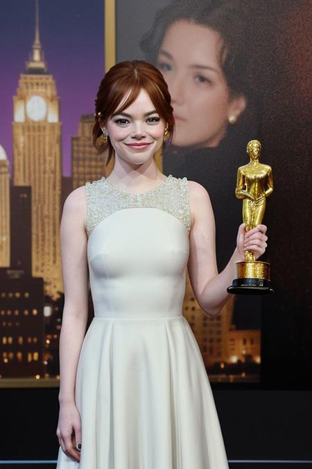 (masterpiece, 8k, detailed face), Emma Stone wearing a white dress, holding a statuette, crying happy tears