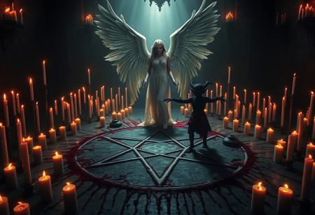 A master-level, highly detailed dark fantasy scene, in the hell, set in a dimly lit, ominous room. The floor is marked with a large, blood-drawn pentagram, its sinister lines glowing faintly. Surrounding the pentagram are countless dark white candles of varying lengths and thicknesses, their flickering flames casting unsettling shadows across the room. fire flames and blood on the walls,  At the center of the pentagram, a beautiful angel woman with big wings big breast  is emerging from the blood-drawn symbol. an angelic light across the roof  through the darkness, and a small black demon with ripped clothes extending his arms to the angel  Covered in shadows