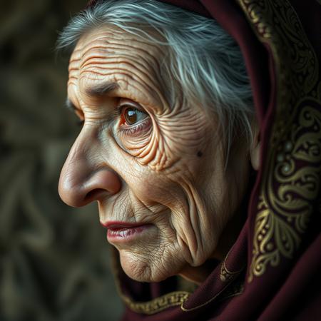 Close up shot, from the side, DSLR photo, chiaroscuro lighting dramatic lighting, realistic shading, old Arab woman, age 82, frail, gaunt thin face, hollow cheeks, loose skin, wearing a gold embroidered burgundy hijab, (head bent down:1.2), (looking up at the viewer out of the corner of one eye:1.4), crying,  proud, (tears on her cheek:1.2), eye contact, extremely detailed skin, age spots on skin, skin wrinkles, skin pores, skin mole, extremely detailed hair, grey sparse hair, vellus, intelligent eyes,  extremely detailed brown eyes, intelligent expression, a knowing look, sad, heartbroken over a loss.  Extremely realistic and detailed teeth that have yellowed with age. extremely detailed.  Detailed background, detailed cottage