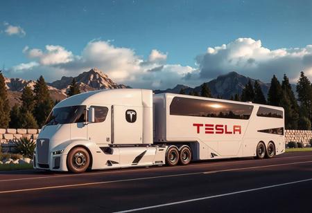 plants, trees, surrounded by trees and mountains in the background. the sky is blue with some clouds., yfg-r1gs a white tesla semi truck driving down a road with mountains in the background. the truck is surrounded by lush green grass and the sky is filled with white, with a logo on the vehicle and a cloudy sky in the background. the trailer has 8 sets of axles., yfg-r1gs a futuristic bus driving down a road with a futuristic design, surrounded by rocks and trees. the truck is part of the gmc black widow concept, with a wall in the background and a clear blue sky above., with a starry sky above.