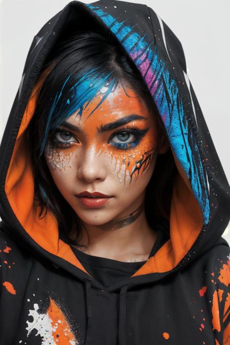 close up of woman, (hooded gaze:1.2), adorned with (vibrant, splattered paint:1.3) across face and clothing, intense eyes, red and orange, (graphic novel style:1.2), bold contrast, (urban warrior essence:1.1), digital brushstrokes, Leica SL2, 1/250s, f/2, ISO 50, concept art feel, (youthful but fierce expression:1.2), natural colors