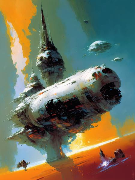 <lora:JohnBerkey:1>by John Berkey a painting of a starship in orbit by John Berkey in the style of Eyvind Earle