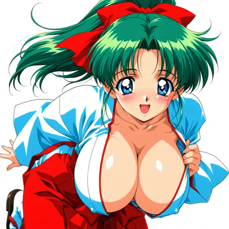 Civitai 緑髪爆乳ポニテ巫女 / green hair huge breasts ponytail miko.