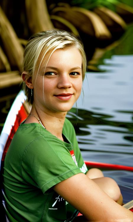 portrait photo of amysmart  sitting in a canoe on a peaceful lake beside the shore, (masterpiece), (best quality), (detailed), (8k), (HDR), (wallpaper), (cinematic lighting), (sharp focus), (intricate), (closeup)