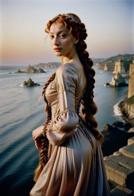 Simonetta Vespucci (1gir) wearing a gossamer see-through gown, sunset, sun setting behind her figure, intricately braided hair, 
realistic photograph by Annie Leibovitz, Hasselblad 500C/M, Kodak Portra 400,