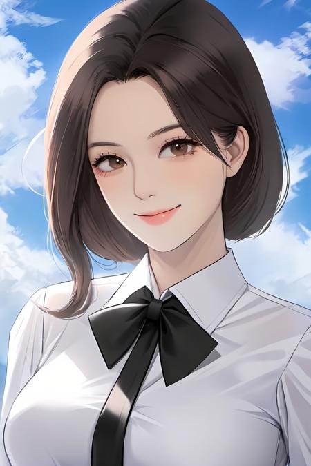 1girl, solo, long hair, shirt, looking at viewer, white shirt, collared shirt, black eyes, smile, bow, black bow, closed mouth, portrait, brown hair, black hair, straight-on, bowtie, black bowtie, upper body, cloud, sky,huge breasts,shiny,shiny skin,milf,(mature female:1.2),<lora:fashigirl-v6-sdxl-5ep-resize:0.7>