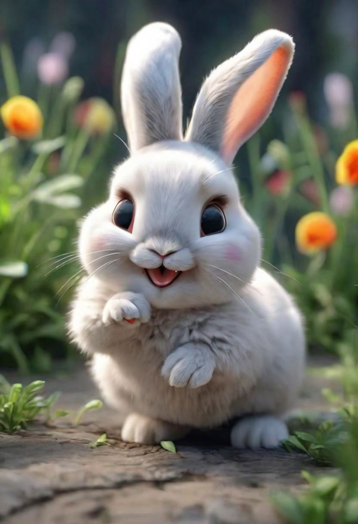 Adorable White Bunny Rabbit with Pink Nose and Eyes in a Field of Flowers.