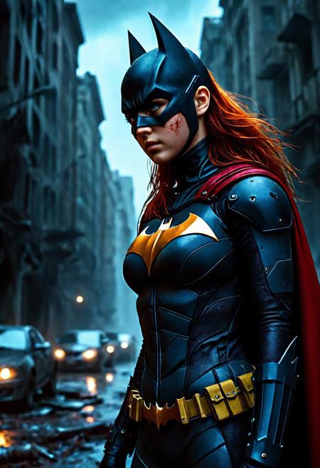 High resolution An ultra-realistic (beautiful Post-apocalyptic Batgirl: 1.5), (dressed in intricately designed a tight combat bodysuit: 1.3), batgirl mask, realistic red cape, dirty and bloodied skin and face, red hair, realistic blue eyes, cinematic lighting, stands in the middle of a destroyed city, somber atmosphere, DC comics movie style, female athletic figure, beautiful Sadie Sink as Post-apocalyptic Batgirl, 8k, attractive Slim woman, sweaty, weak rain, asymmetrical balance, hyperrealistic, hyperdetailed, cinematic style, athletic figure, full body, vigorous fighting stance, cinematic visual, normal height, dirty skin, dramatic lighting, Greg Rutkowski style, beautiful firm Breasts, sharp focus, digital painting, Photograph Taken on Nikon D750, Alphonse Mucha, Attractive girl, asymmetric balance, best quality, highres, masterpiece