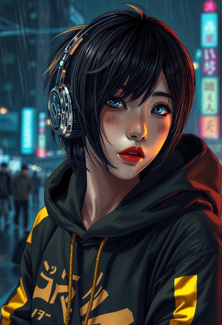 A 4K photorealistic picture of a Half-Japanese  male hacker. More Caucasian with freckled nose and cheeks. Black hair with golden frosted tips. Aged 28. Cyberpunk clothing. Hi tech chrome and carbon fibre one eared headset. Bold graphic styled Hoodie with Japanese lettering down a sleeve and a bold golden stripe down each sleeve   The girls eye pupils have swirling Galaxy of stars and specks floating in a nebula pattern   Posed in front of a Rainy city at nite