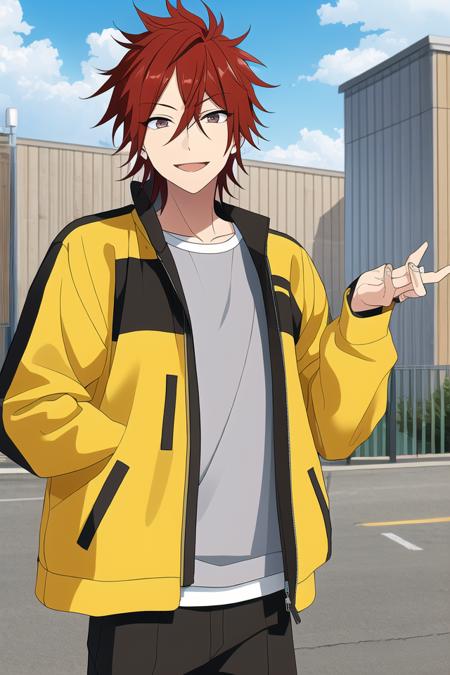 masterpiece, best quality, absurdres, cute, ultra-detailed, perfect anatomy, <lora:ensemble stars-000050:0.6>, outdoors, amagi rinne, ensemble stars, solo, smile, 1boy, jacket, male focus, red hair