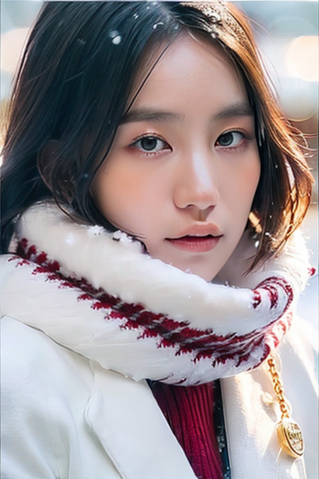 1girl,(close-up:1.1),(winter ,snowy:1.2),(RAW photo:1.2), (photorealistic:1.4),(masterpiece:1.3),(best quality,1boy:1.4), dreamlike, (detailed eyes),(detailed facial features), (detailed clothes features) solo, cute,(medium breasts), black hair, black eyes, crystal pendant, Long blue scarf,White long wool coat,Black thick pantyhose,Brown snow boots,(detailed face), grunge,(high detailed skin:1.2),soft lighting, high quality,