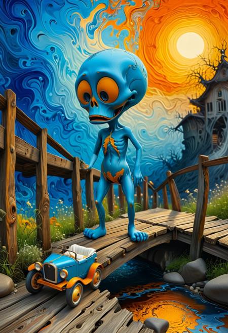 Picture an emotionally charged anthropomorphic figure, resembling a sad, sobbing, and distressed Decora Chibi caricature, wearing a diaper and standing beside an old, rusty 1880s Vintage Pedal Car. Situated on a contorted, gnarled wooden bridge, this scene is reminiscent of Edvard Munch's famous painting, The Scream. The backdrop features a swirling, psychedelic fractal-like pattern with electric blue and orange hues. The figure's anguished expression conveys a silent scream into the void, reflecting the maximalist style of Max Ernst.