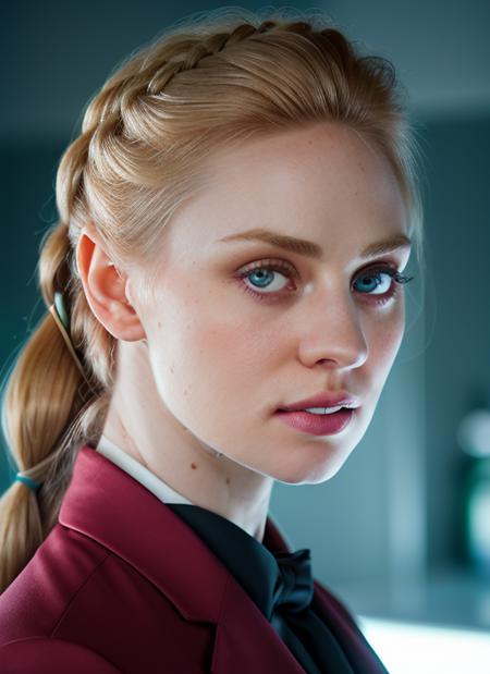 portrait of skswoman, disgust , wearing formal wear , with platinum blonde Side braid , background kitchen epic (photo, studio lighting, hard light, sony a7, 50 mm, matte skin, pores, colors, hyperdetailed, hyperrealistic), <lyco:Deborah Ann WollV2:1.1>