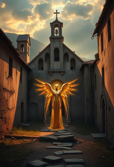 A crumbling Balkan monastery bathed in golden light, where a celestial figure with elongated limbs and bird-like features stands in quiet contemplation. hyper-detailed historical landscape infused with mystical surrealism, meticulously rendered architecture blending with luminous, otherworldly figures, earthy muted tones contrasted with rich jewel-toned highlights, dreamlike realism infused with esoteric symbolism