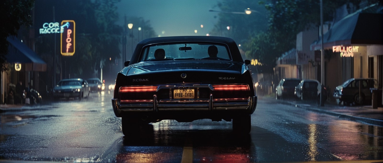 cinematic film still of  <lora:Pulp Fiction style:1>
a car driving down a wet street at night with head light on in front ...