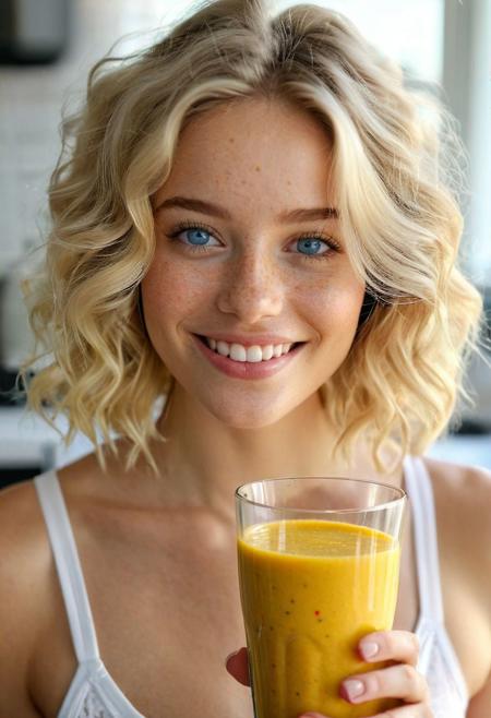 Drinking smoothie, wide-angle view, ((full-figure visible:2.0)), entire body in frame, kitchen overview, ((spacious composition:1.5)), head to toe in shot, standing in kitchen, kitchen advertisement, full body, lips touching glass, glass in front of mouth, (open mouth:1.2), DRINKING, (SMOOTHIE:2.0), drinking smoothie, orange smoothie, yellow smoothie, smoothie in glass, perfect fruits, perfect glass, perfect fingers,  gym clothing, sports clothes, white top, white sporttop, athletic clothing, happy, smiling, laughing, beautiful girl, short light blonde wavy hair, above shoulder length blond curly hair, bob cut, blue eyes, blue eyes:1.1, perfect eyes, extremely detailed eyes, extremely detailed face, textured skin, photorealistic, hyperdetailed:1.2, insane details, natural look, cute face, stunningly beautiful, pale skin, freckles, blush, detailed skin, extremely detailed, 1girl, shoulders, arms, breasts, hips, hands, perfect hands, perfect feet, perfect eyes, perfect nails, upper legs, legs, happy, open mouth, perfect teeth, in the kitchen, marble kitchen block, modern kitchen, 4K, RAW, best quality, masterpiece, ultra-detailed, hyperrealism:1.2, RAW photo, best quality, realistic, photo-realistic:1.3, best quality, masterpiece, extremely delicate and beautiful, extremely detailed natural lighting, bokeh:1.2, Porta 160 color, shot on ARRI ALEXA 65, Fujifilm XT-3, WARMER LIGHTING, sunny kitchen, warm sunlight, sun rays, inviting atmosphere