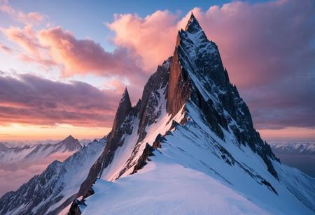 A cinematic wide shot photography of the view On a jagged peak surrounded by a sea of swirling clouds where sharp stone spires pierce the sky. At winter dawn, rosy light glints on frost-coated flakes, each breath hisses in frozen air, and the summit lies silent under fresh snow, masterpiece, best quality, amazing quality, very aesthetic, high resolution, ultra-detailed, absurdres, scenery, film grain, HDR, 8K, high contrast, realistic, cosplay, muted lithing, sharp focus, (chromatic aberration), fine details