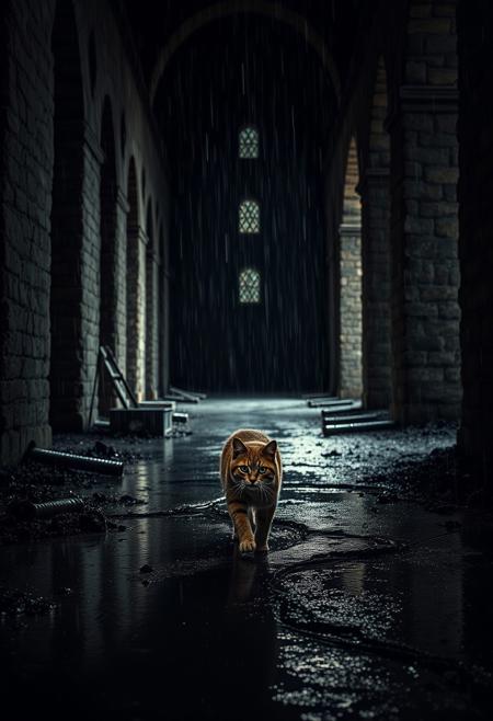 (Soft Lighting Photography by Mimoza Veliu and Mario Giacomelli:1.2), NSFW, A cat walking in a historical ruin, raining, moody, looking at camera, photorealistic rendering, moody chiaroscuro lighting
