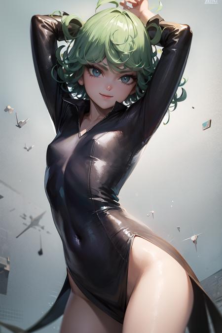 masterpiece, best quality, ultra-detailed, Potrait of beautiful TatsumakiOPM, solo, dress, black_dress, looking_at_viewer, breasts, long_sleeves, small_breasts, telekinesis, closed_mouth, covered_navel, smile, floating, no_panties, pelvic_curtain, cowboy_shot, arms_up, volumetric lighting, best quality, masterpiece, intricate details, tonemapping, sharp focus, hyper detailed, trending on Artstation, <lora:TatsumakiOPM:1.2>