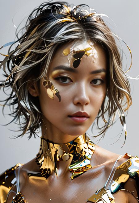 portrait Model Made of gold and silver. Elegant and very beautiful. Crisp and Intricate Photorealism, Shot on a Sony A7RIII | Elaborate artwork on off-white paper by Tsutomu Nihei and Benedick Bana, highlighting the beauty and sensuality. Dive deep into the intricacies of serenity with soft, flowing lines and chaos with jagged, intense strokes. Painting, illustration, vibrant, cinematic, photo, portrait photography, fashion (more-detail:1.2)