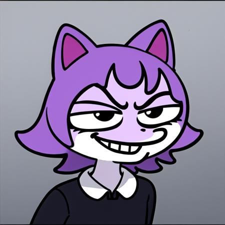 flurk <lora:flurks-step00022500:0.5>, 1girl, masunya, cat ears, cartoon style, purple hair,  masterpiece,  best quality, evil, smile <lora:my_LoRA_masunya_v3:0.7>