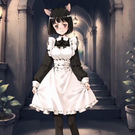 Thie,1girl,cat ears,black hair,bob_cut,brown eyes, large breasts, cat tail, maid,white dress,black sleeves, black_pantyhose,white_short_socks,mary janes,