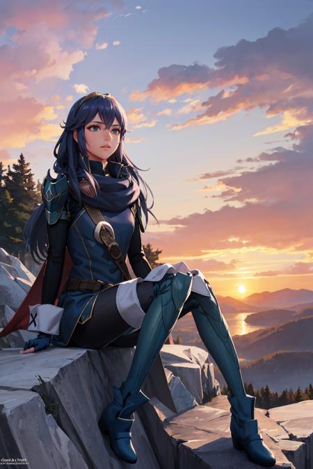 masterpiece, best quality,  <lora:lucina-nvwls-v1-000008:1> defLucy, tiara, cape, blue scarf, blue coat, shoulder armor, long sleeves, cuffs, belt, fingerless gloves, black pantyhose, thigh boots, sitting, cliff, looking up, sky, rocks, mountains, sunset