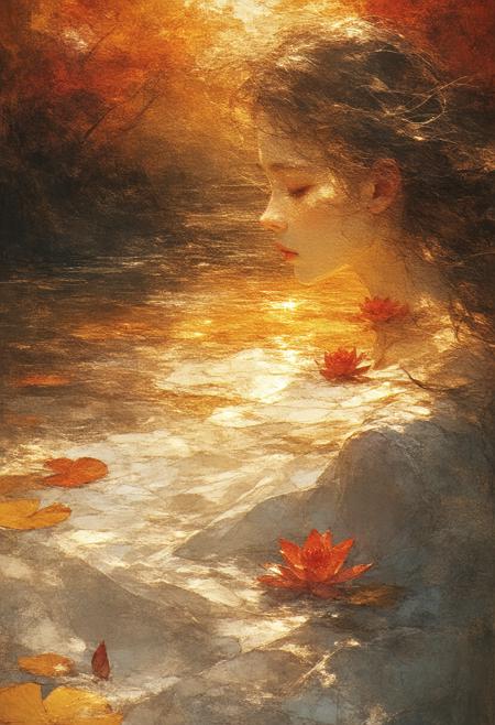 A poignant and dreamlike scene, depicting a young woman beside a creek, surrounded by foam, crimson lilies, and bathed in the warm hues of a sunset, rendered as a fractured stained-glass Cubist reverie. The composition bursts with evocative colors â fiery orange, deep crimson, tranquil indigo â sharply contrasted by stark black outlines and a pervasive, ethereal glow. Multiple perspectives converge, revealing the girl's contemplative gaze and the serene beauty of the landscape from various angles, creating a dynamic interplay of introspection and tranquility. Subtle photorealistic details â the texture of her hair, the ripples in the water, the delicate petals of the lilies â are intricately interwoven with the geometric fragmentation, lending a paradoxical depth and realism. A soft, golden glow emanates from within the stained-glass elements, intensifying the sense of wistful beauty and fleeting moments. Ultra detailed, 8k resolution, volumetric lighting, octane render, a visually arresting and emotionally resonant composition, capturing the essence of quiet reflection and the splendor of nature.