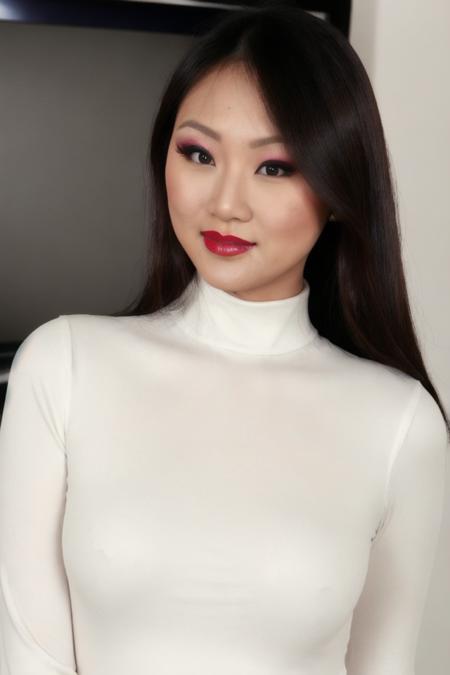 Portrait photo of ev3lynl1n, white turtleneck blouse, in a tv show, makeup, lipstick, sexy