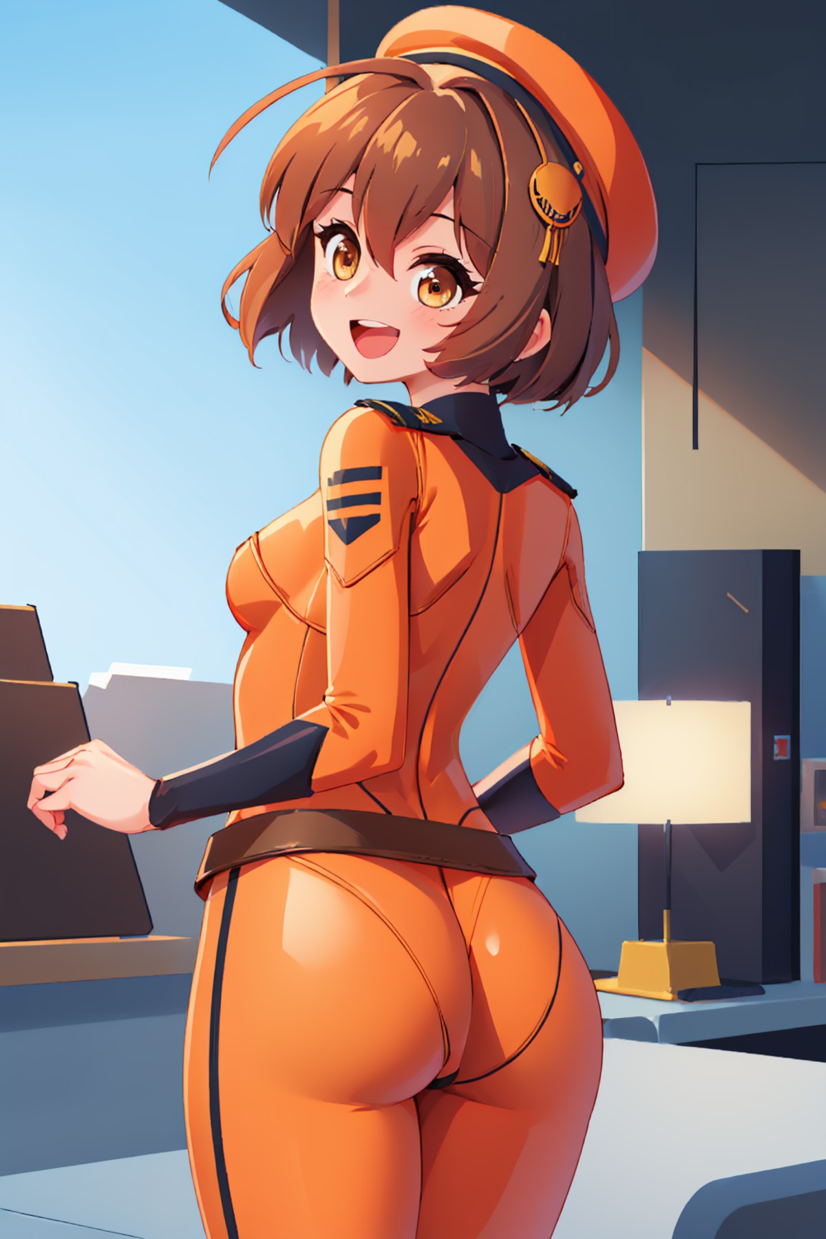 (masterpiece, best quality:1.2), solo, 1girl, anisdef, :d, teeth, looking back, beret, yellow eyes, orange yamatosuit, ass...