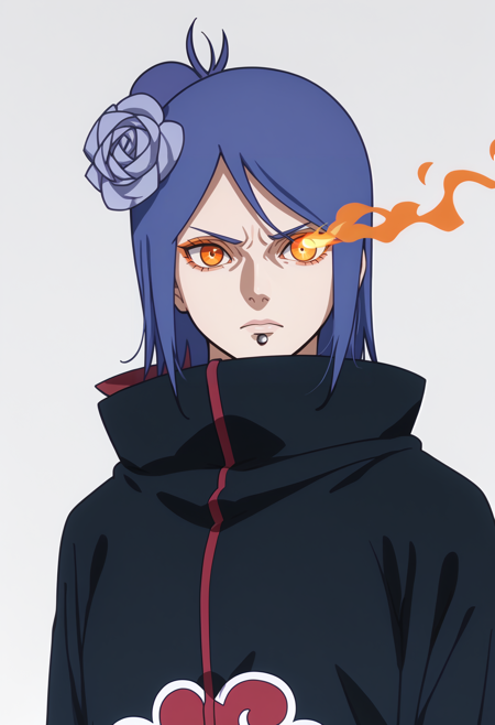 1girl, konan, blue hair, single hair bun, orange eyes, hair flower, lip piercing high collar, long sleeves,cloak, toeless footwear, nail polish