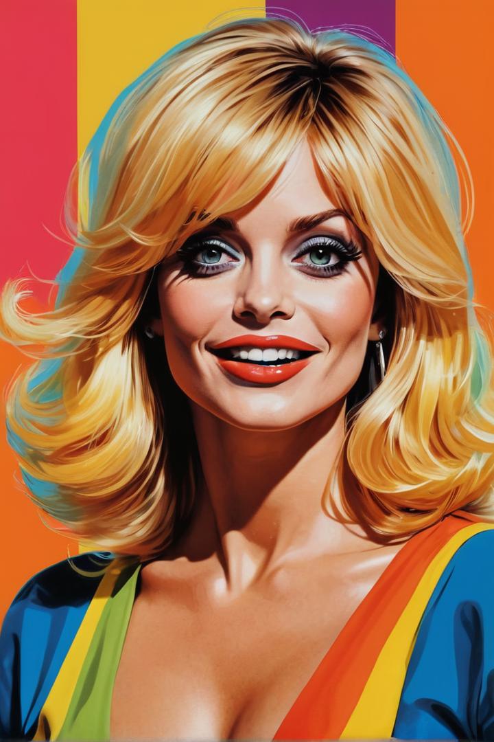 Goldie Hawn in a pop art style, with bold colors and graphic elements. absurd caricature, (sexy),