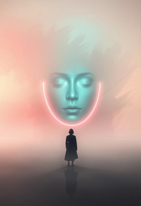 The Dreamer’s Wall ,  a giant, softly glowing face emerging from abstract color fields, neon light blending into soft pastel gradients, expressive brushstrokes dissolving into a misty, dreamlike haze, minimalist black-and-white photography, ethereal misty landscapes, long exposure water effects, high-contrast monochrome tones, poetic and introspective atmosphere, vast negative space, solitary figures or objects, surreal dreamlike minimalism, soft blurred horizons, cinematic and moody fine art aesthetic