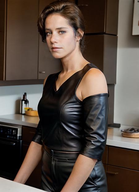 photo of skswoman, One hand behind the head pose, wearing One-Shoulder Blouse and Leather pants, in kitchen, looking anger, (look at viewer:1.0) (skin texture), Fujifilm XT3, DSLR, 50mm, <lyco:Debrah Winger:1.2>