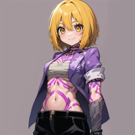 masterpiece, best quality, solid color background,  purple background,  1girl, arms behind back,  smile,  yellow eyes, blonde hair, short hair, tattoo, jacket,  black pants, open clothes, navel, muscles,  <lora:Middle_Don:1>