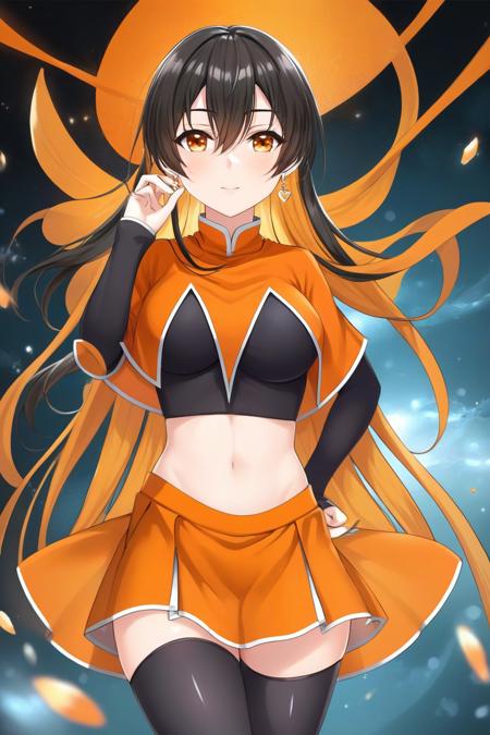 (masterpiece, best quality, highres, anime art style, pixiv), (1girl, solo, monerochan, long hair, orange skirt, orange capelet, dark crop top, sleeves, navel, midriff, thighhighs, round stud earrings, bare stomach), <lora:monerochan_xl-000075:0.7>