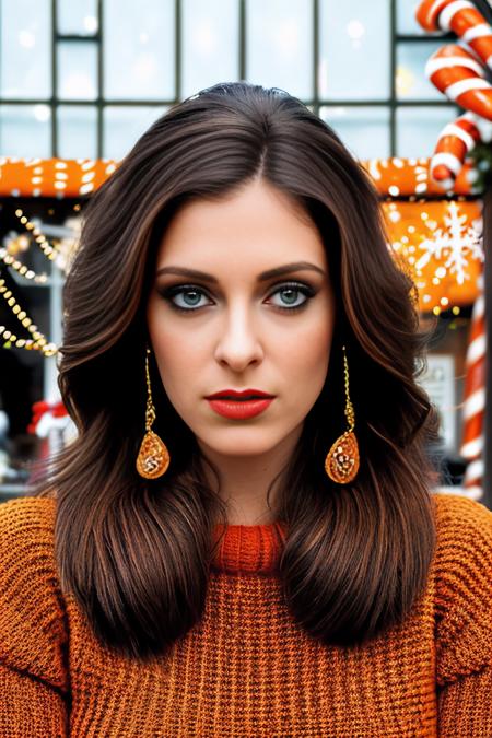 a vintage photograph of beautiful (RB100m:1.1) woman,as a fashion model,walking in a quaint european village square,wearing (clay orange knit sweater:1.2) with (cedar brown pants),wearing diamond earrings and bracelet,holding a wrapped gift box,surrounded by (shops with festive window displays:1.3),a park with (fountain:1.1) in background,long hair,jewelry,lipstick,makeup and eyeshadow,professional magazine photoshoot,modelshoot style,sharp focus,detailed eyes,depth of field,(highly detailed),(HDR),(8k wallpaper),intricately detailed,high contrast,highres,absurdres,hyper realistic,8K UHD DSLR,Fujifilm XT3,taken with (Canon EOS 1Ds camera),35mm film,dramatic,(looking at viewer),4k textures,elegant,hyperdetailed,PA7_Portrait-MS,<lora:RB100m_05B-000004:0.9>,