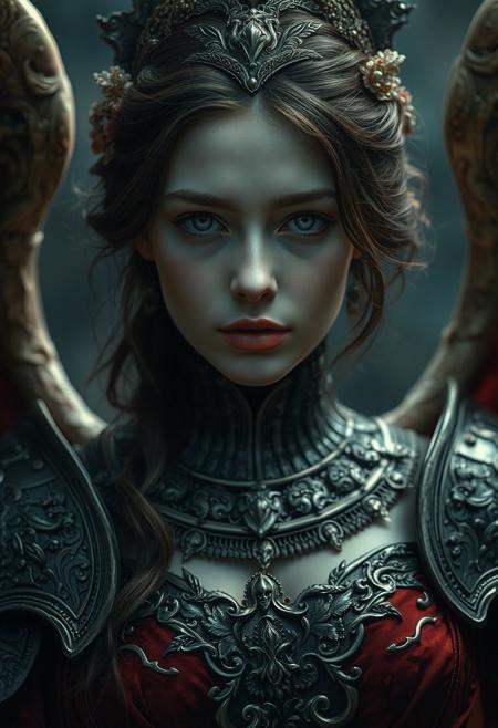 Close Up shot, Ophelia's Dream, Close Up shot, goddess, beautiful girl, intricated armour, Velvet courtains, sad environment, poetic, Dark, melancholic, Epic, hyper detailed, ultra realistic, top dramatic lights, dynamic shadows