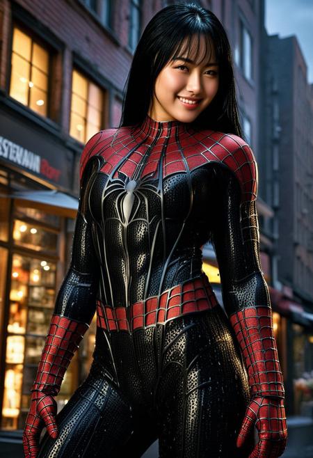 score_9, score_8_up, score_7_up, best quality, realistic, masterpiece, beautiful detail, hyperrealistic, cafe, ((1girl, woman body, huge breasts)), amazing detailed full body portrait of a beautiful japanese girl, wearing a realistic and highly detailed black raimi spider-man suit, ((huge muscular girl)), professional model wears ultra - detailed and grained black raimi spider - man suit, suit covered entire body and hand, spiderman gloves, wet, (happy pose), (leg close up), light smile, black hair, octane render, highly detailed, volumetric, dramatic lighting, (highest quality:1.1), (HDR:1.3), (top quality, best quality), realistic, high definition, Expressionism - sharp focus, professional photography, masterpiece, ultra detailed photograph, high quality, 8k,