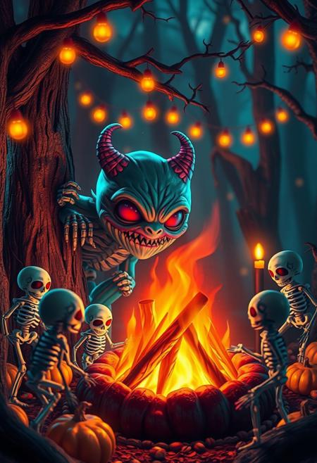 Adorable monster, Image of a monster peeking out with the caption, "When you finally decide to socialize, but it’s still terrifying." looking at a bonfire with chibi dancing skeletons around it, in a eerie forest decorated for Halloween, neon colors, glowing pumpkins and candles, breathtaking borderland fantasycore artwork by Android Jones, Jean Baptiste monge, Alberto Seveso, James Jean, Jeremy Mann, maximalist highly detailed and intricate professional photography, a masterpiece, 8k resolution concept art