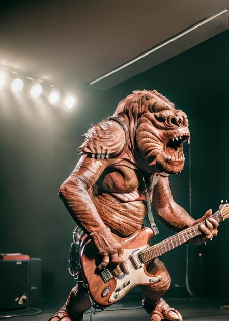 a bipedal rancormonster creature playing a guitar , <lora:rancormonster:0.7>,RAW photo, 8k uhd, dslr, soft lighting, high quality, film grain, Fujifilm XT3