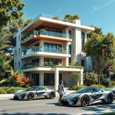 modern building in a city land, there are balcony, terrace, logge, porch, luxuriant vegetation around, some street with two futuristic car, two girl in first plane of view, photorealist, masterpiece, 4k, high details, background a sunny day, some people very happy. The proportions of the objects are perfect