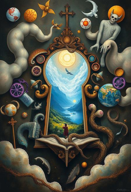 A floating keyhole framed by abstract symbols, revealing a dreamlike world inside., surrealistic style, dreamlike quality, fantasy, reality, mesmerizing composition, whimsical imagery, symbolic motifs