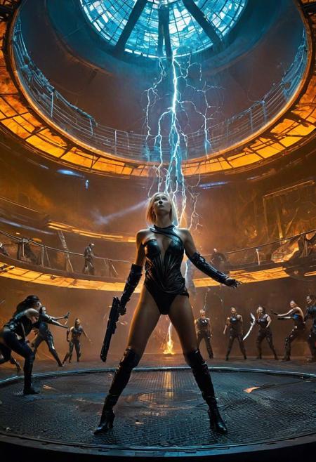 a  fierce fight between two gorgeous cyber sluts in a thunder dome, surreal masterpiece by (Ferdinand du Puigaudeau,Stephen Youll, Patrice Murciano), in a futuristic torture chamber