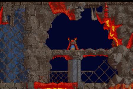 highest quality, highest quality visuals, highest details,. <lora:Lemmings SNES:0.9>, SNES_Lemmings, environment, 2D, dark blue background, masterpiece, volcano, lava, magma, fire, melting metal, burnt object, dust, slag, grating, catwalk, fence, monster