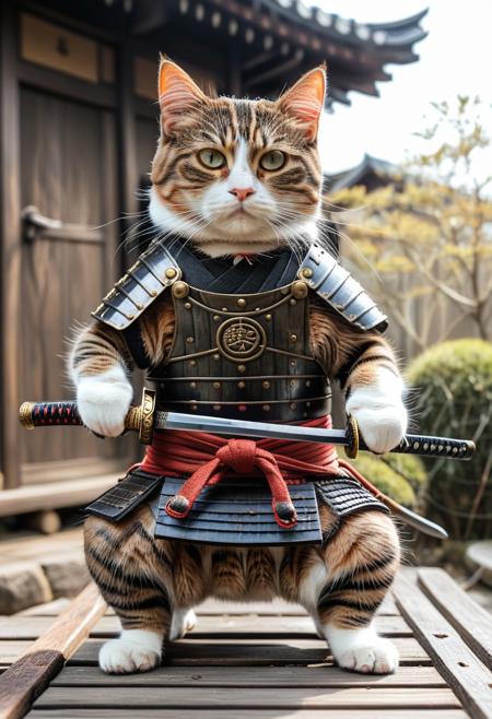 cat using samurai armor, cat holding katana sword, sword stance, cat warrior, training yard, medieval japan